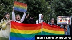 LGBT activists take part in a protest against amendments to Russia's constitution in Moscow in 2020.