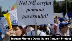 Teachers protest in Bucharest on May 30.