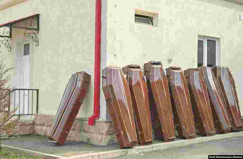 Coffins outside a morgue in Stepanakert on September 24. Funerals of ethnic Armenian soldiers and civilians took place on September 24 after Baku launched an attack on the Nagorno-Karabakh region, which the separatist authorities claim killed at least 200 people. 