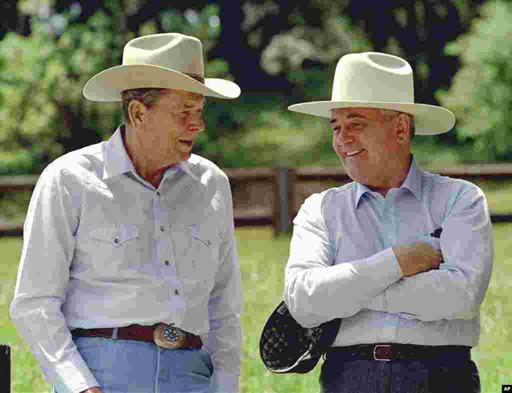 Gorbachev and U.S. President Ronald Reagan don cowboy hats while enjoying a moment at Reagan's Rancho del Cielo in California on May 2, 1992. The two men forged a relationship not only based on mutual respect but friendship that helped end the Cold War.