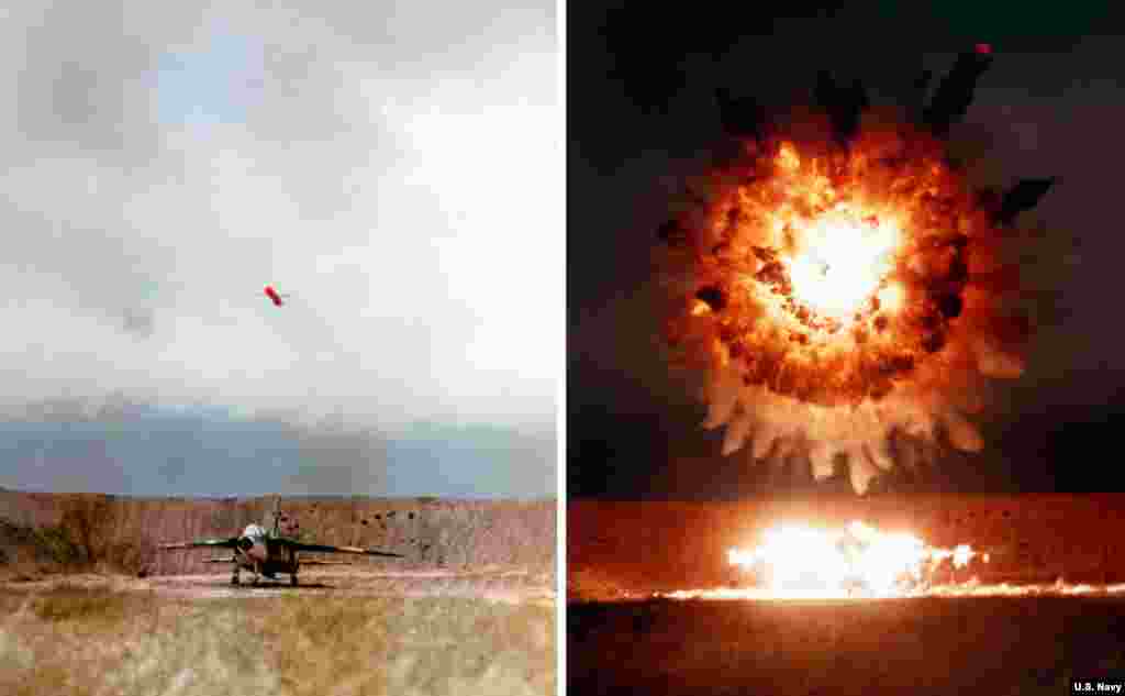 Fotografii combinate înfățișează o rachetă Tomahawk detonând deasupra unui avion în timpul testelor din 1986. Racheta cu lungime de 5,5 metri este echipată cu un focos care cântărește aproape o jumătate de tonă și poate zbura aproximativ 1.600 de kilometri.