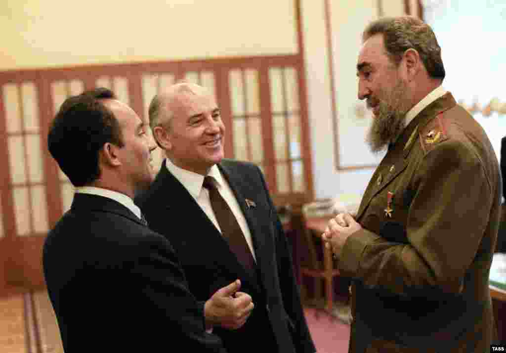 With Cuban President Fidel Castro at the Kremlin in March 1986. It was the same year Gorbachev began his initiative of perestroika (restructuring), which he hoped would encourage "initiative and creative endeavor" and help kick-start the stagnant Soviet economy.