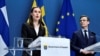 Finnish Prime Minister Sanna Marin (left) and Swedish Prime Minister Ulf Kristersson hold a joint news conference at the government headquarters in Stockholm on February 2.