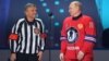 IIHF President Rene Fasel (left) and Russian President Vladimir Putin attend the opening ceremony of the Night Hockey League gala match at the Bolshoi Ice Dome in Sochi, Russia, in May 2021.