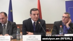 Armenia - Artak Zakarian (C), the chairman of the Armenian parliament’s committee on foreign affairs, speaks at an event in Yerevan, 25Feb2015