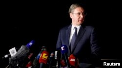 Serbian President Aleksandar Vucic speaks to the media in Ohrid, North Macedonia, on March 18.