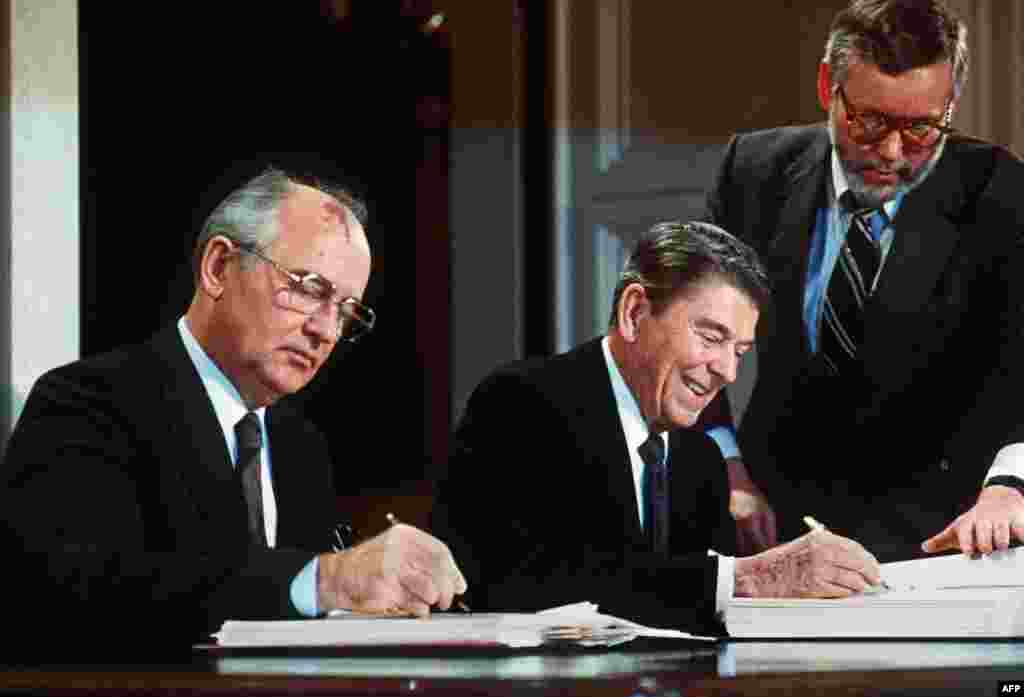 Reagan and Gorbachev sign the Intermediate-Range Nuclear Forces (INF) Treaty at the White House in December 1987. In 1988, further reforms arrived with Gorbachev's policy of glasnost (openness), which allowed for greater freedoms of expression for Soviet citizens. 