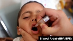 A health worker administers polio-vaccine drops to children in Peshawar on December 16.