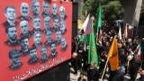 Mourners walk by a poster bearing the portraits of scientists and military commanders killed during the 12-day war between Iran and Israel, in Tehran on July 5.