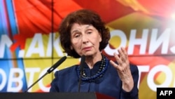 President-elect Gordana Siljanovska-Davkova addresses supporters in Skopje on May 8.