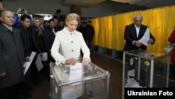 The leader of the Batkivshchyna Party, Yulia Tymoshenko, votes at a polling station in Dnipropetrovsk.