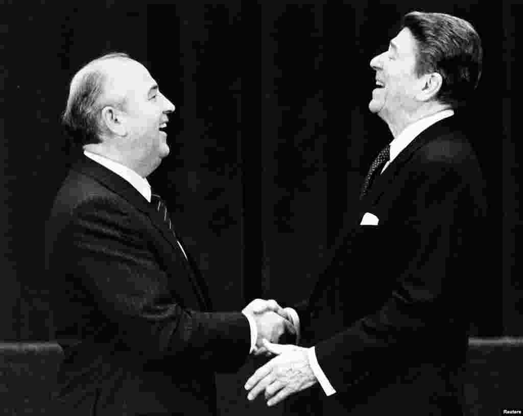 His first meeting with U.S. President Ronald Reagan, in Geneva in November 1985. Gorbachev had been elected general secretary of the Communist Party in March 1985.