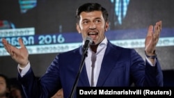 Kakha Kaladze addresses a rally of the ruling Georgian Dream party after the parliamentary elections in Tbilisi in October 2016.