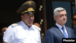 Armenia - President Serzh Sarkisian and the commander of interior troops Levon Yeranosian (L) pictured together in Yerevan, 21Jun2014.