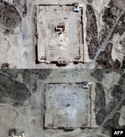A combined photo shows close-ups of satellite-acquired images with the Temple of Bel seen in Syria's ancient city of Palmyra on August 27 and (bottom) rubble at the temple's location on August 31.