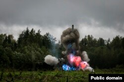 An Iskander system fires a tube-launched missile during a military drill near St. Petersburg in 2017.