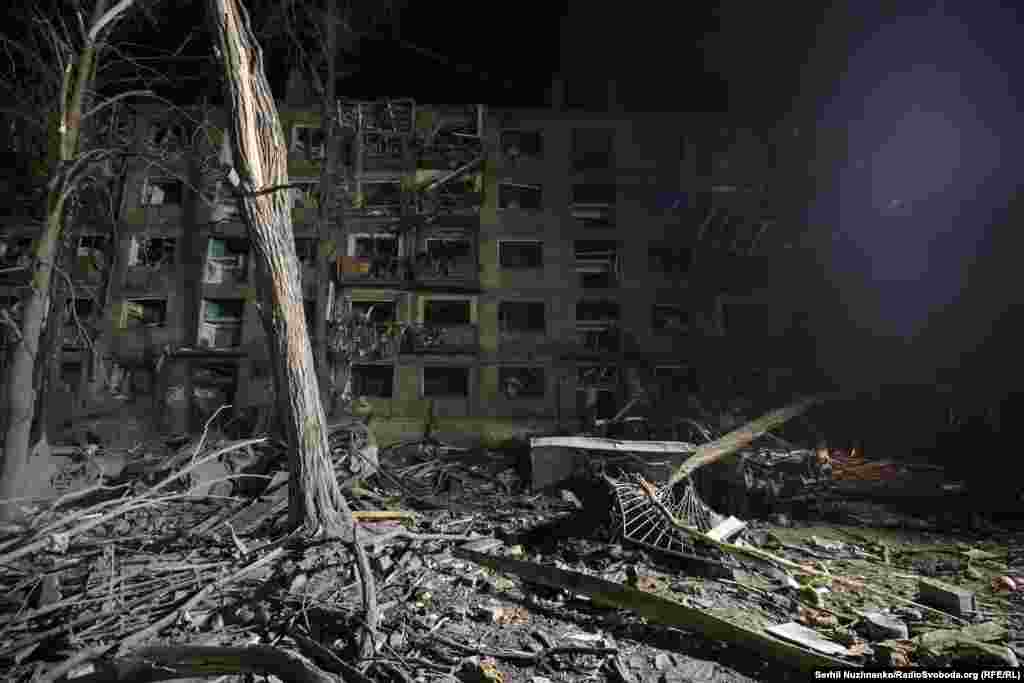 A number of residential buildings were damaged or destroyed in the capital, Kyiv, and officials said at least 12 people were killed and scores of people were wounded.