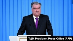 Tajik President Emomali Rahmon gives his annual address to parliament in Dushanbe on January 26.