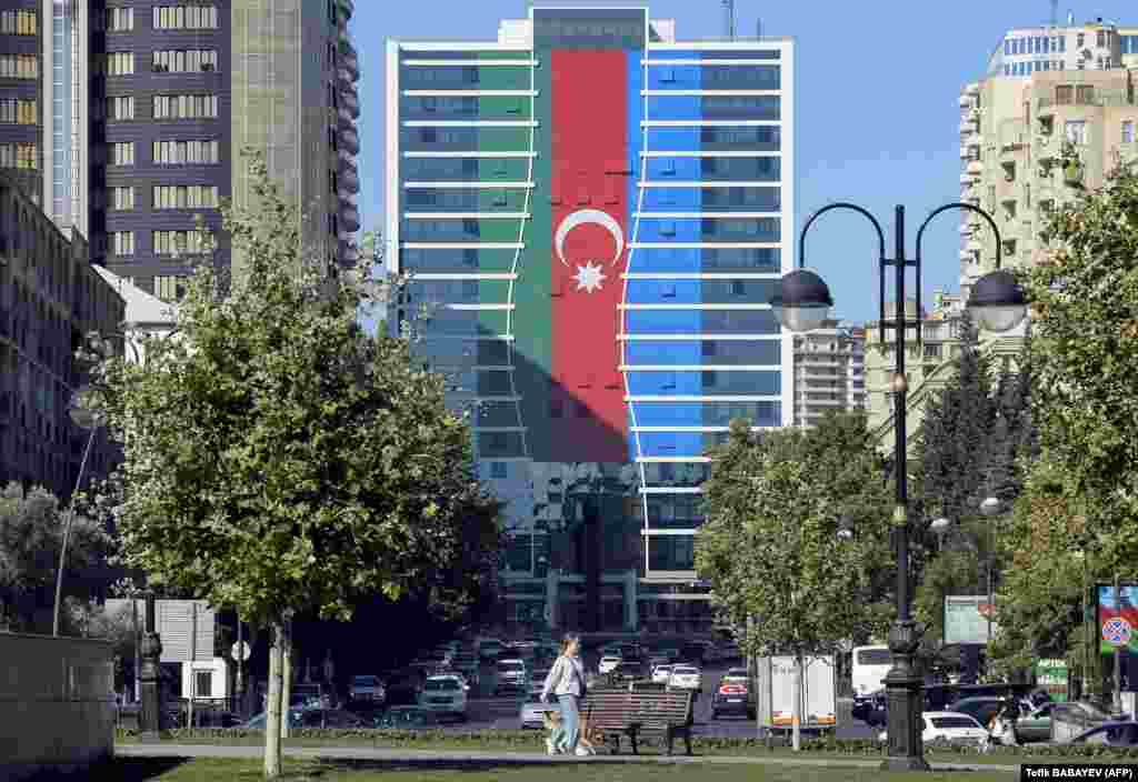 A Baku building is seen painted with the Azerbaijan flag on October 13. 