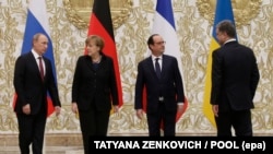 «Нормандська четвірка»: лідери України, Франції, Німеччини і Росії під час зустрічі у Мінську, 11 лютого 2015 року